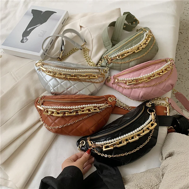 

Factory Wholesale Fashion Ladies Waist Handbags Chain Pearl Waist Bags For Women Waist Purse