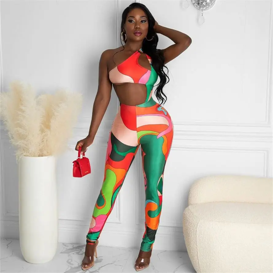 

Dropshipping Kilou Q02610 Summer Hollow Out Colorful Sleeveless One Piece Jumpsuit Bodysuits For Women