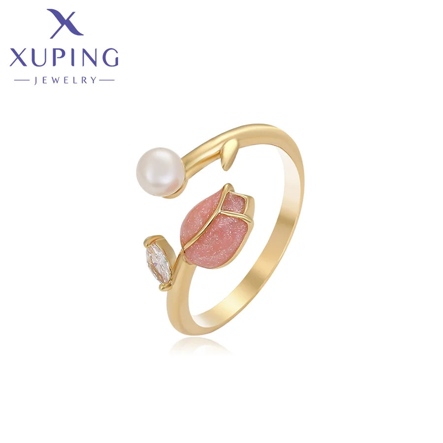 

R-507xuping Jewelry Stylish sweet and elegant ethereal pink rose-shaped drip glaze with pearl diamond ring