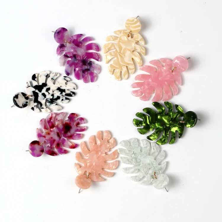 

Bohemian Acrylic Leaf Drop Earrings Palm Leaf Shape Resin Dangle Earrings For Women Jewelry, As pictures