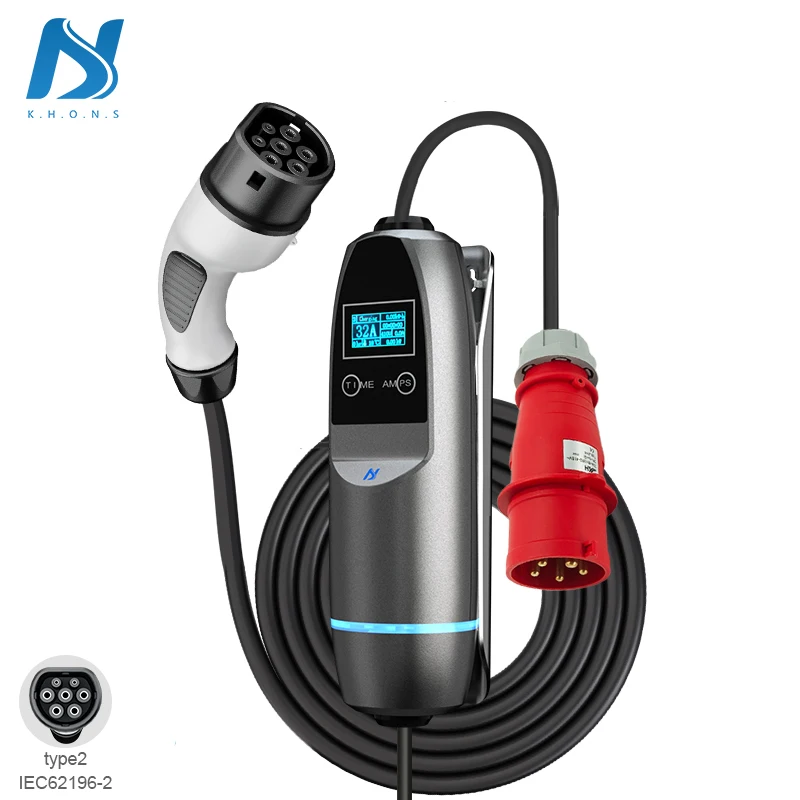

KHONS 11kw 3phase 16a Portable electric car charger type 2 IEC62196 with red cee plug ac ev charger