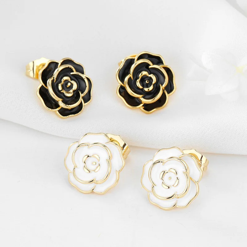 

Jiexing Trendy Enamel Black White Gold Plated Camellia Flower Stud Earrings For Women