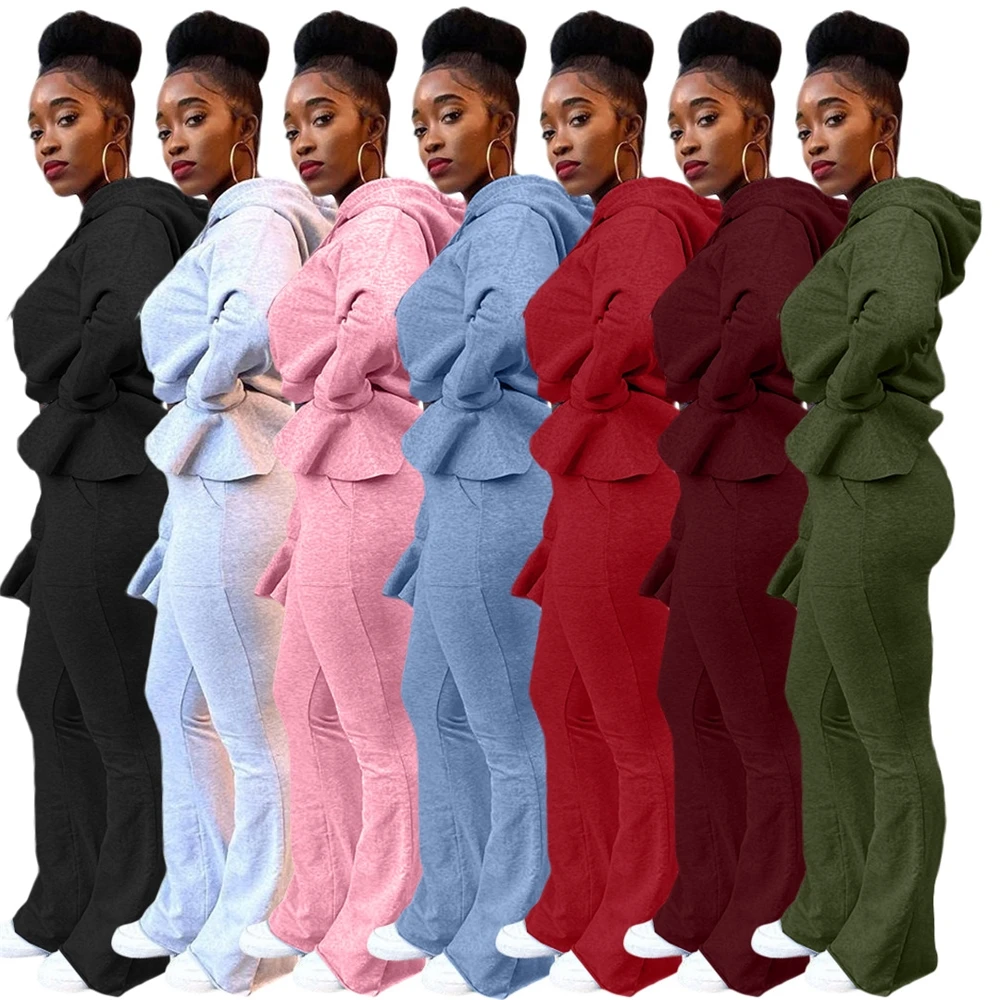 

MD-20022542 new arrival ladies two piece sets long sleeve wide legged pant sets solid color pocked women clothing 2 piece set