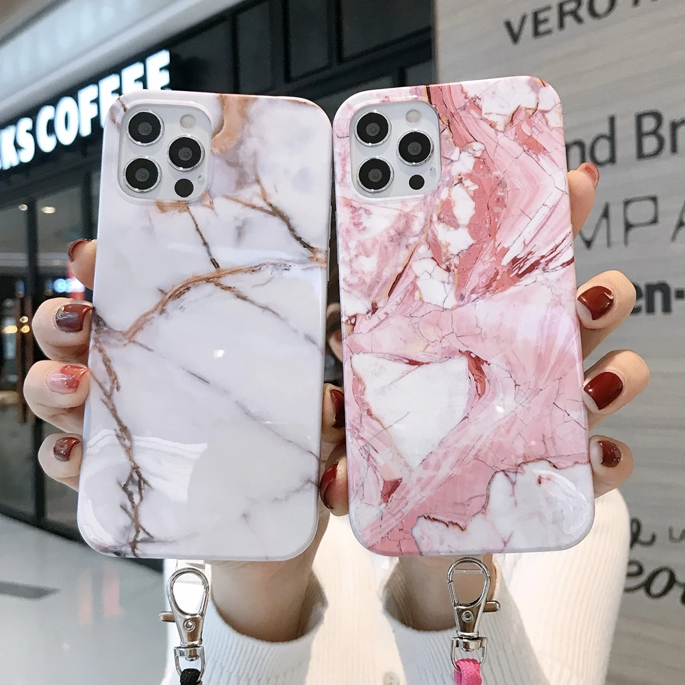

2021Custom Designer Marble texture Shockproof TPU Mobile Phone Accessories Case for iphone 11 12 mini Pro with lanyard