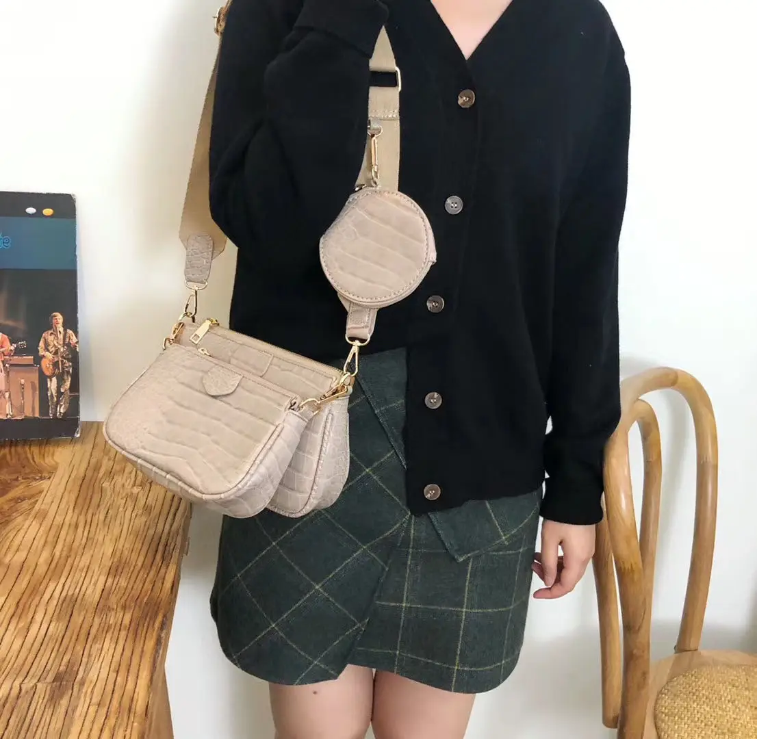 

Hot Vintage Crocodile Women Shoulder Bag Luxury Designer Wide Strap Chain Sling Bag pu Leather Ladies 3 Bag Set