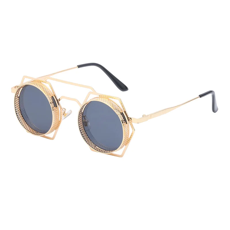 

Qmoon2022 Double Bridge Retro Steampunk Men's Sunglasses Fashion Designer UV400 Round Hollow Metal Frame Sunglasses