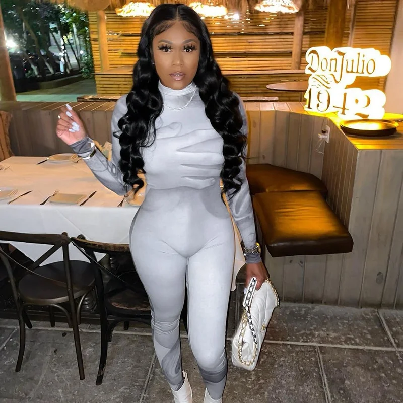 

2022 Spring New Design Long Sleeve Women Sexy One Piece Jumpsuits Print Skinny Lady Bodysuits High Waist Joggers Jumpsuit, Picture