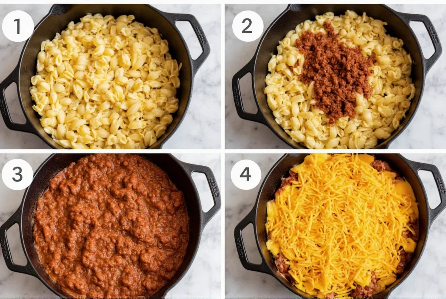 Step-by-step preparation of homemade chili cheese mac showing golden pasta, rich chili, and melted cheddar cheese in cast iron skillet