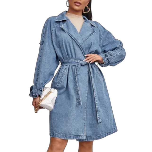 

Women Winter Coat Hot Style Rotator cuff tie belt denim jacket