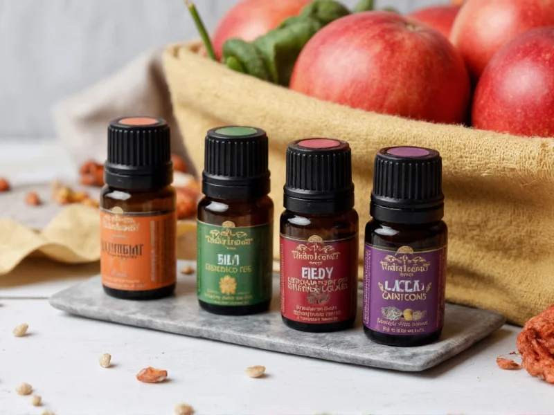 Seasonal essential oil blends in glass containers