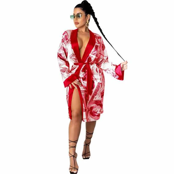 

Sexy Cardigan Print Bandage Long Dress Temperament Club Coat