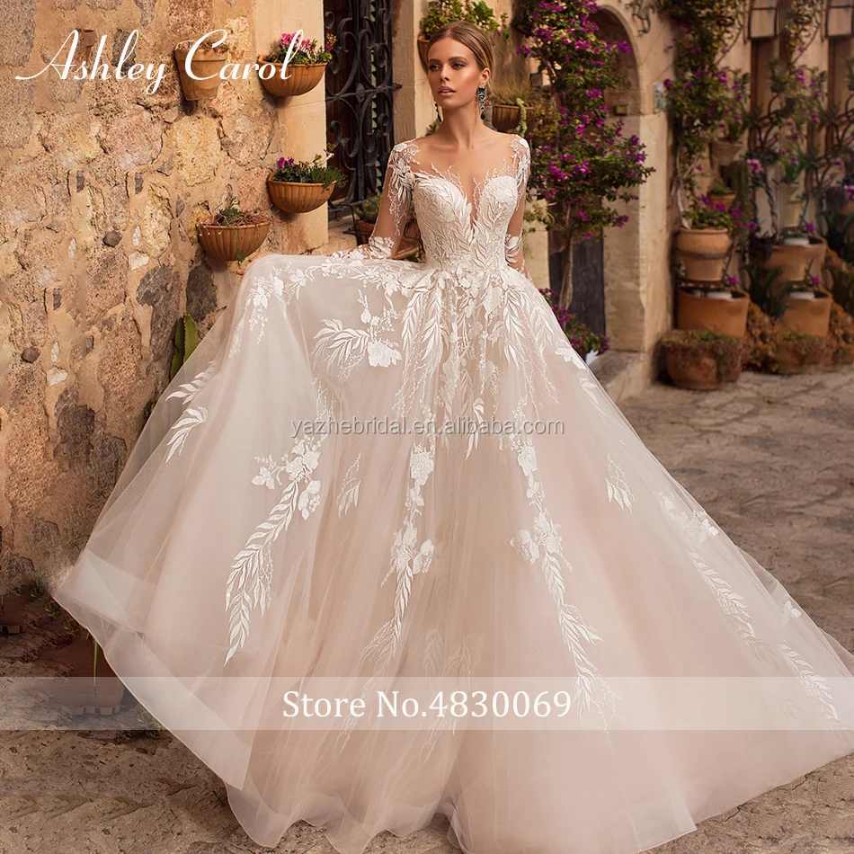 Sexy V-neck Appliques Tulle Wedding Dress 2020 Illusion Backless Long Sleeve Princess Boho Lace Wedding Gowns