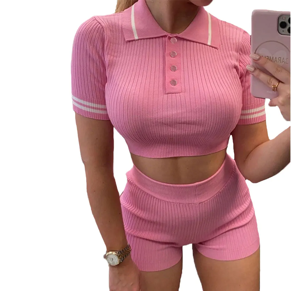 

summer casual short sleeve two piece striped girls fashion shorts set women cotton two pieces set top 2021