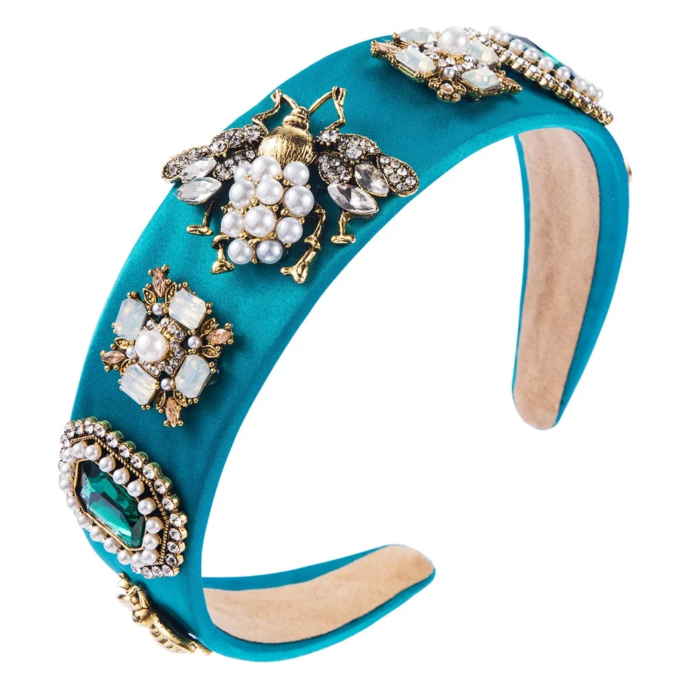 

New Fashion Baroque Hair Accessories High-end Luxury Rhinestone Hairband Handmade Pearls Flower Bees Hair Band Party, Picture shows