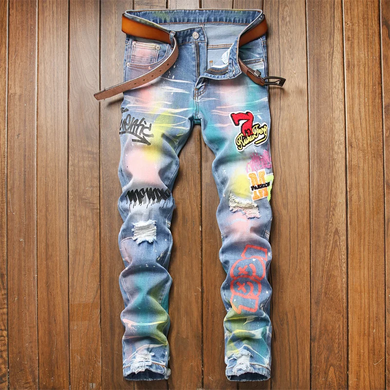 

AIPA Men's Colored Patchwork Ripped Jeans Trendy Fashion Patch Design Embroidery Stretch Denim Pants Slim Straight Trousers, Customized color