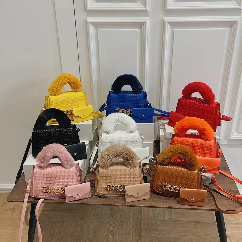 

2021 Factory New Products Lady Pu Leather handbag Fur Handle Shoulder Bags Luxury Winter Purse, 9 colors