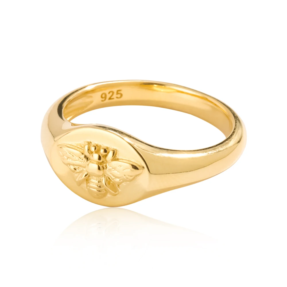 

Joacii 925 Sterling Silver 18K Gold Plated Bee Signet Ring Custom 14K 9K Rings