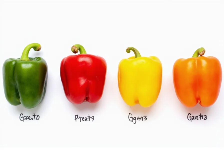 Side-by-side comparison of bell pepper varieties showing green, red, yellow, and orange bell peppers on white background with measurement scale