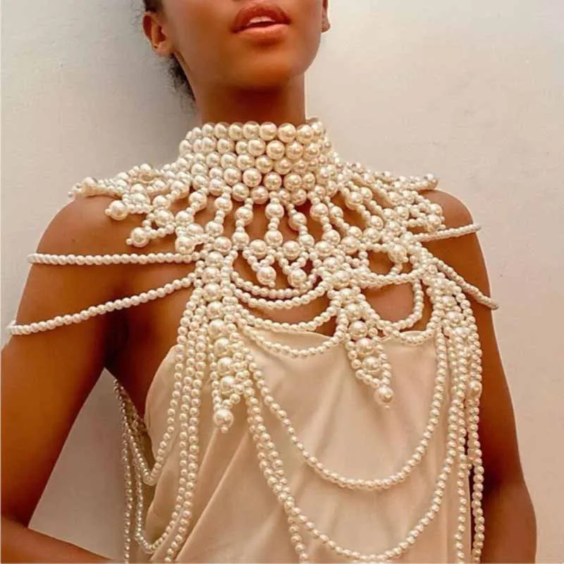 

Elegant Hollow Out Pearl Beading Luxury Women Statement Necklace Accessories Jewelry Pearl Top Body Chain