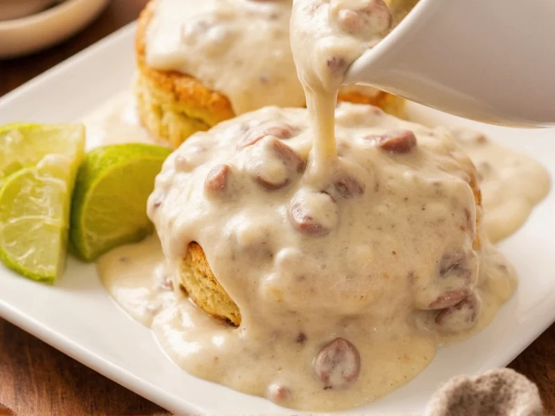 Homemade sausage gravy poured over biscuits