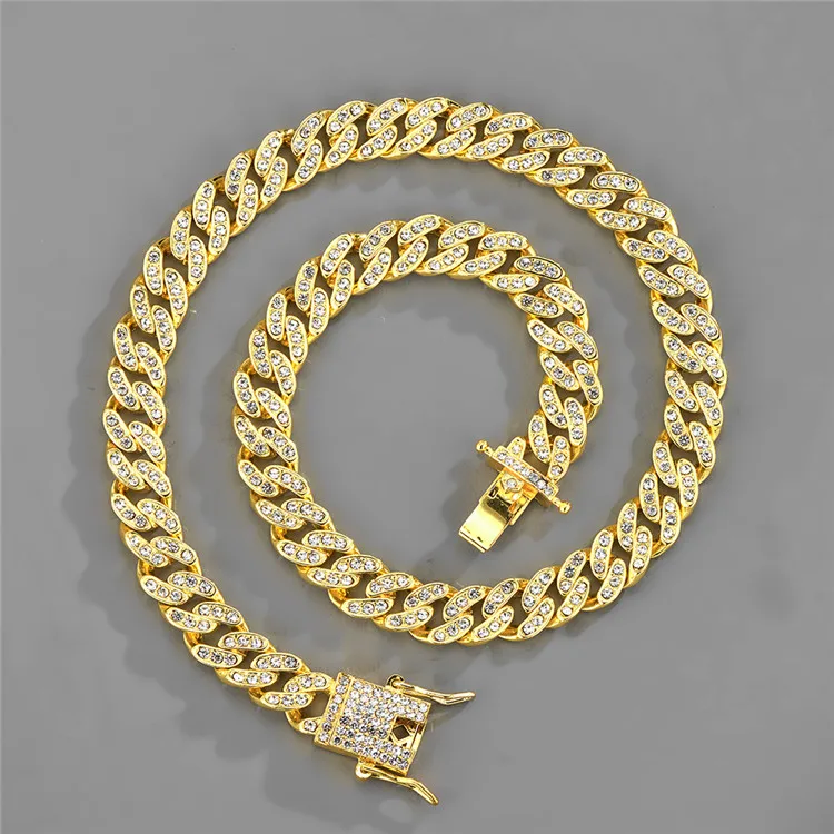 

Fashion Hip Hop Jewelry Rhinestone 10mm Iced Out Cuban Link Chain Necklaces 18k Gold Zinc Alloy Miami Cuban Chain Necklace