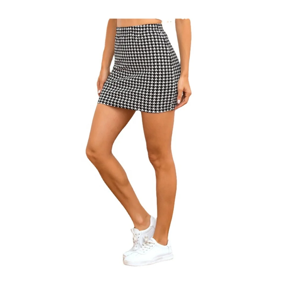 

Jiaer-New Casual A Line Office Lady Short Skirt Bodycon High Waist Houndstooth Fabric Mini Skirt, Gray
