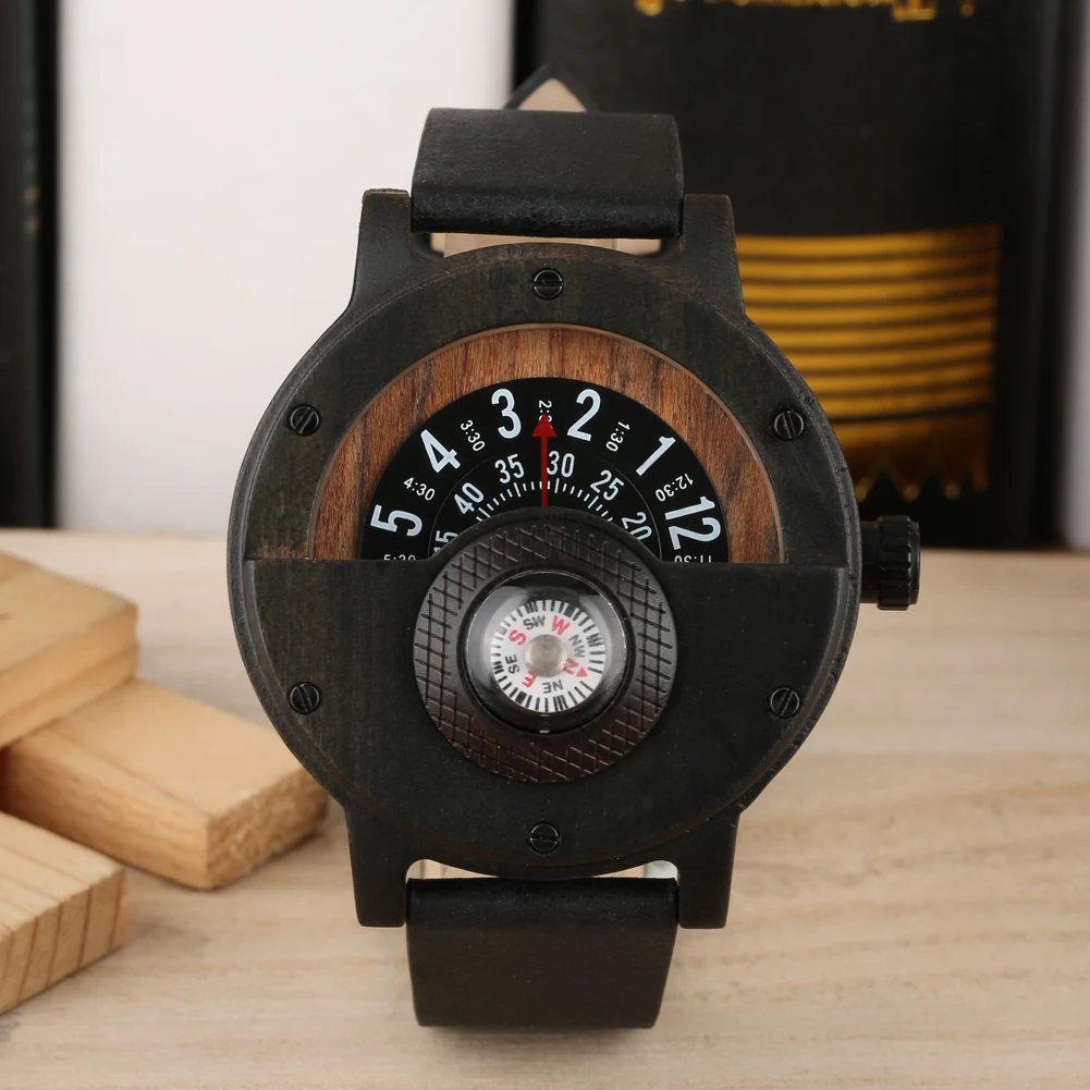 

Free Shipping Compass Custom Logo Zebra Men Wood Wrist Watch Leather Strap