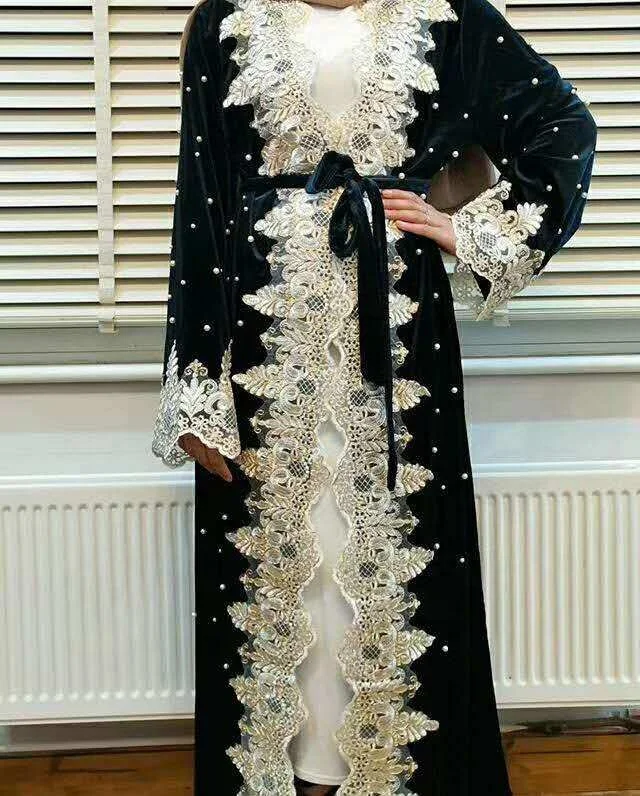 

Cm108 Hijab Open Women Black Applique Dress Muslimah Dubai Abaya Dress