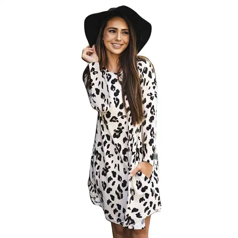 

Women Cute Long Sleeve Loose Leopard Dress With Pockets Leopard Dress