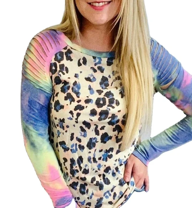 

Summer New Style WomenTie Dye Stitching Leopard Print Hole Long Sleeve Top