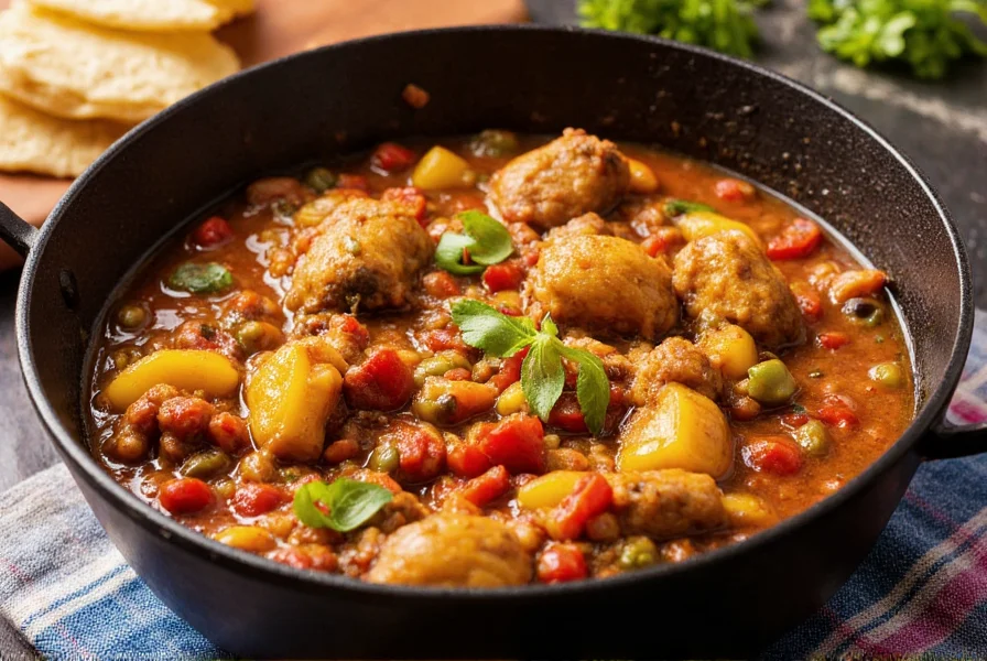 Colorful Caribbean jerk chicken chili with tropical fruits in cast iron pot