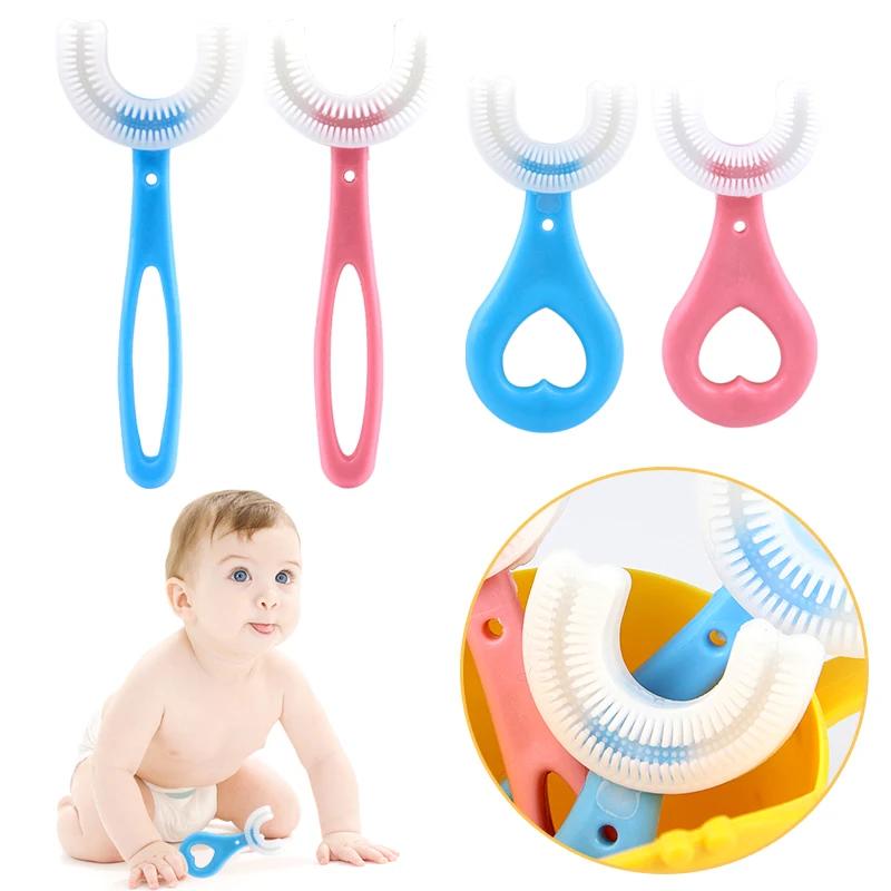 

Kids manual toothbrush 360 degree u shape silicone toothbrush 360 kids u-shaped toothbrush for kids, Blue, pink or customized