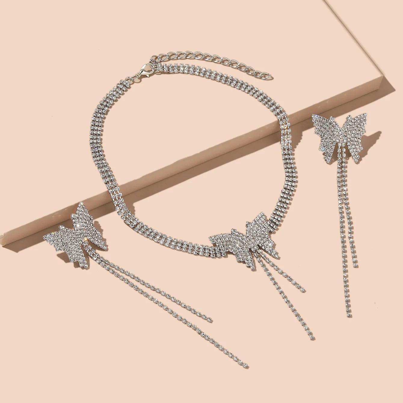 

Luxury Full Crystal Butterfly Jewelry Set for Women Classic White Gold CZ Necklace Earrings Set Bride Wedding Jewelry