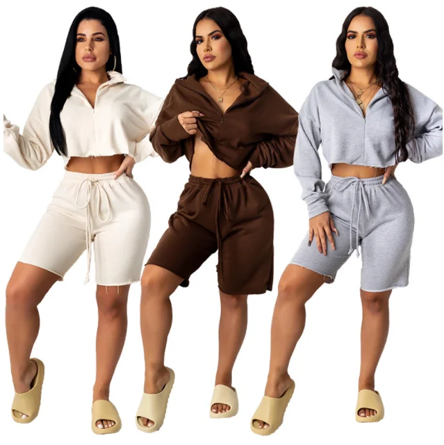 

Women Apparel Hoodie Long Sleeve 2 Piece Sets Solid Color Fall Clothing Two Piece Shorts Set