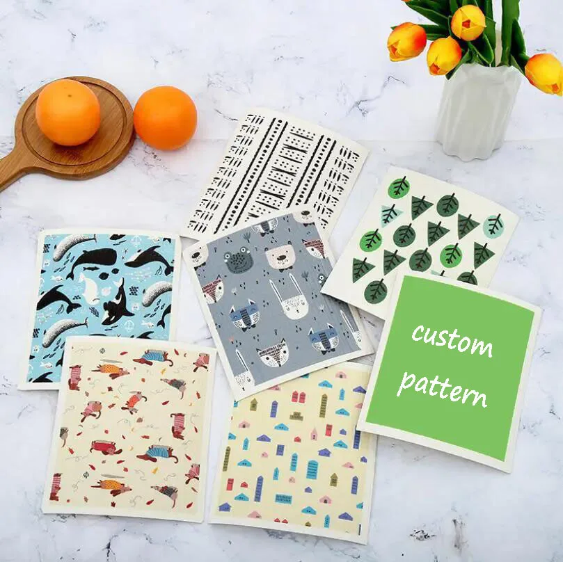

Reusable Eco-friendly 32 Printed Pattern Absorbent Cleaning Towel Kitchen Swedish Dishcloth Cellulose Sponge Dish Cloths