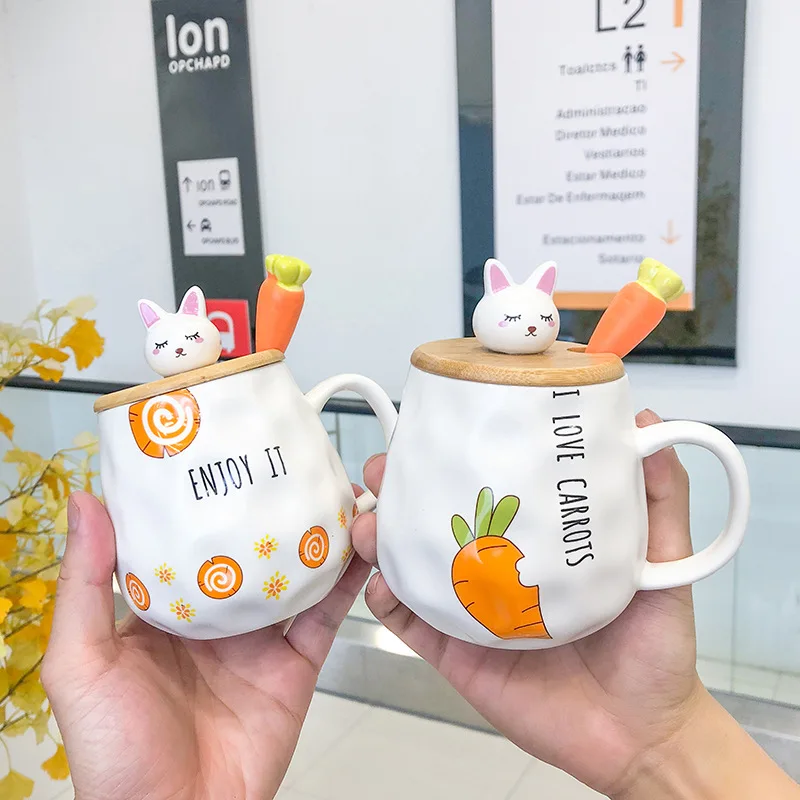 

Ins cartoon rabbit wooden lid mugs uneven body ceramic mugs with spoon, As pciture