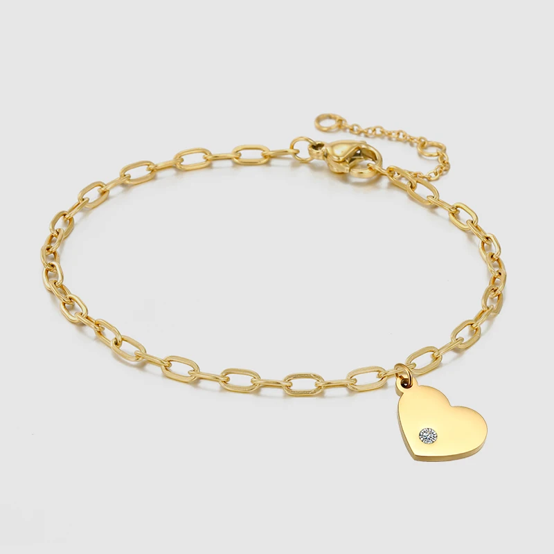 

Minimalist 14K 18K Gold Plated Custom Heart Pendant Stainless Steel Link Chain Bracelet Round Paperclip Link Chain Bracelet, 14k gold