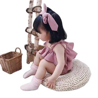 

Baby Summer Clothing Newborn Baby Girl Striped Pink Clothes Off Shoulder Baby Bodysuit Headband 2PCS Outfits Set