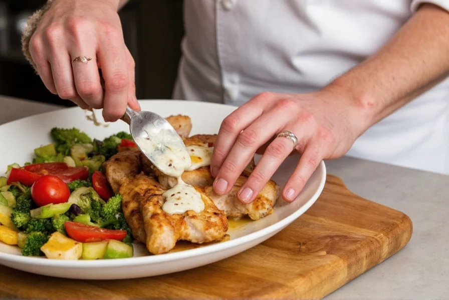 Chef spreading pepper ranch preserve on grilled chicken with vegetables
