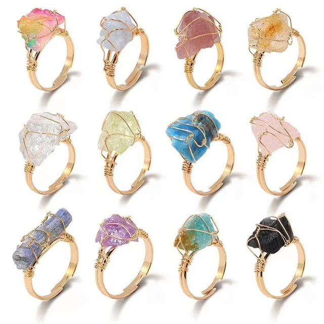 

New arrivals adjustable spiritual crystals healing Jewellery natural colorful mixed quartz rough stone crystal rings for sale