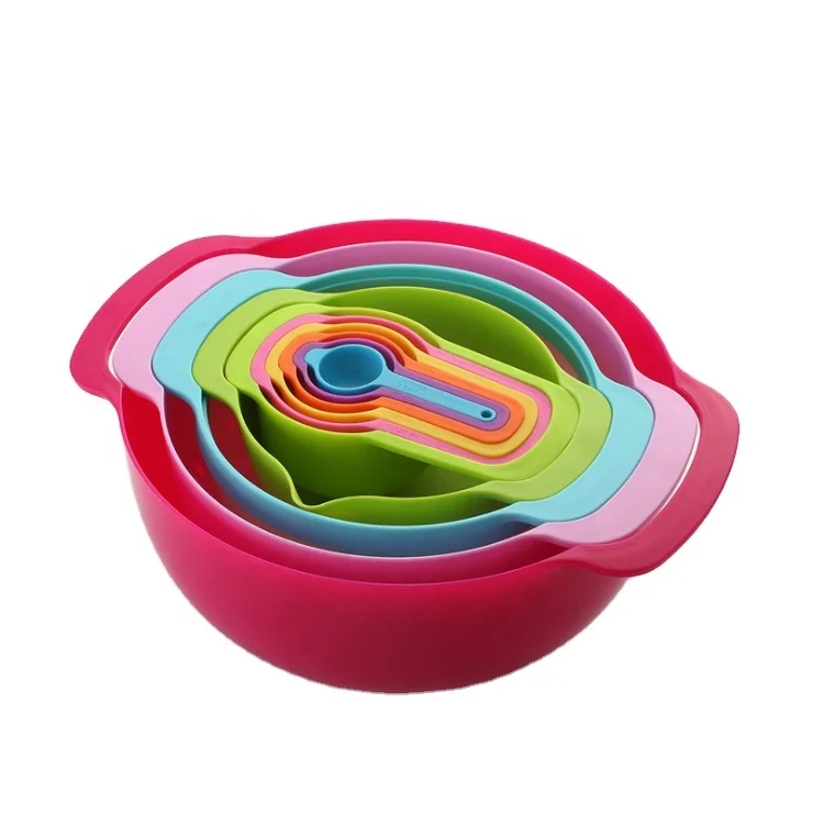 

Wholesale dinnerware set home kitchen cooking baking tool set nested colorful plastic mixing bowls measuring spoon and cup, Customer requested