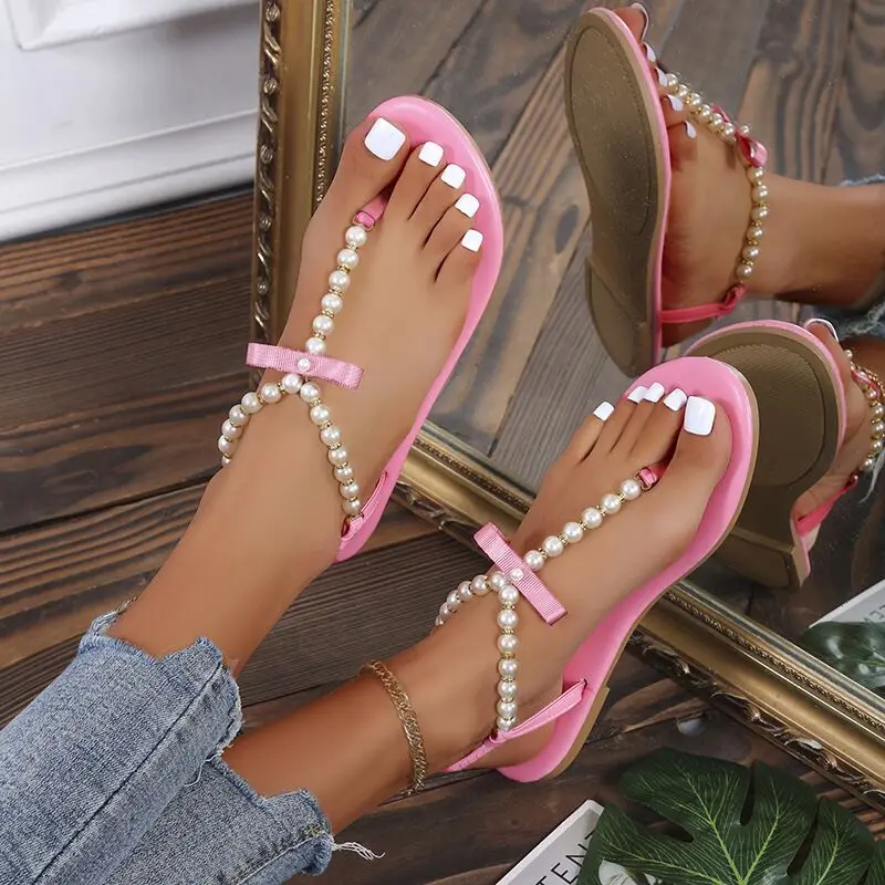 

Bohemian sandals large size women's flat pearl beach shoes flip flop sandals, Beige gold black grey plum light blue