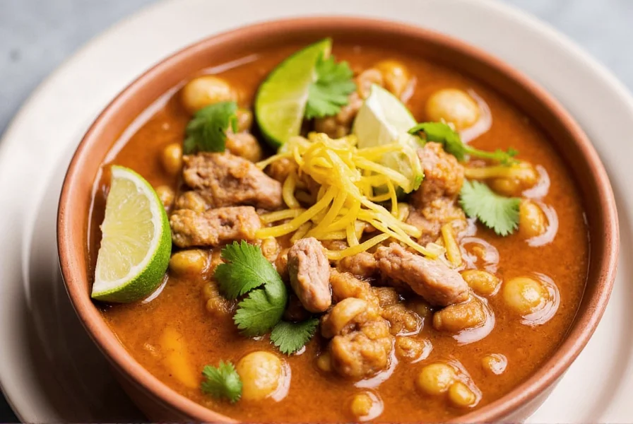 Smiling cook holding a bowl of posole