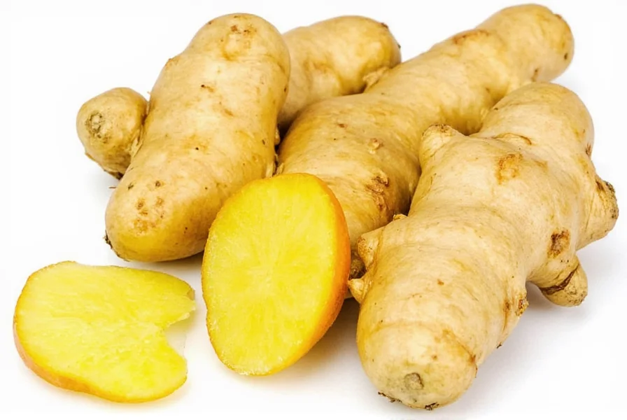 Close-up of fresh ginger root showing fibrous texture and pale yellow interior