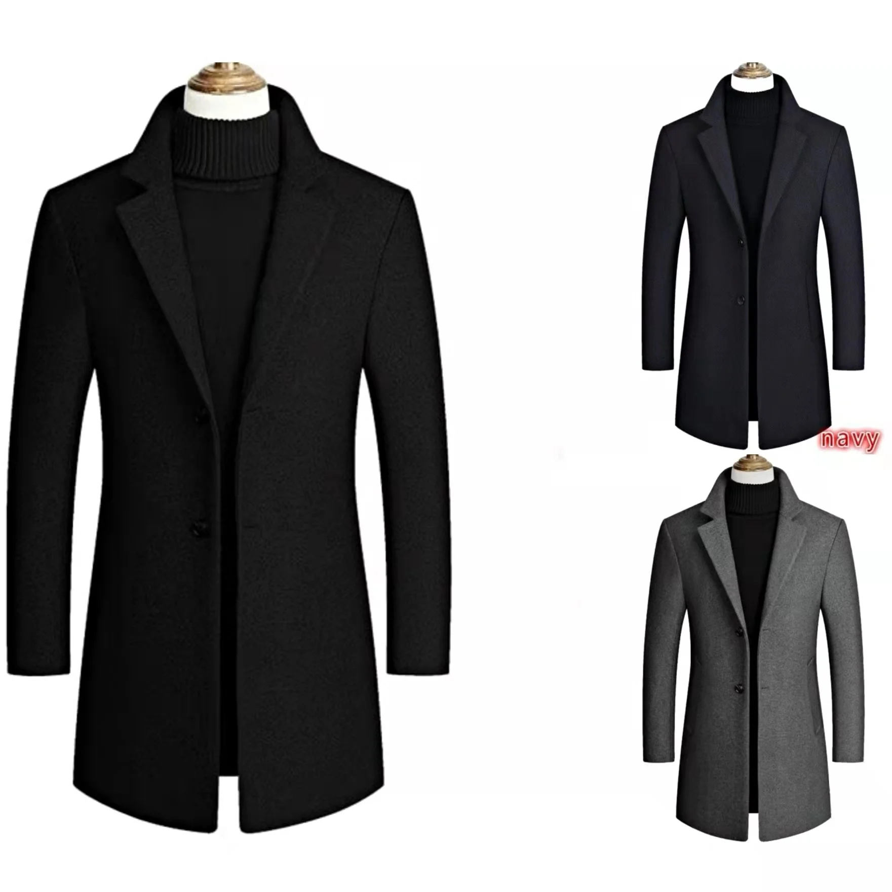 

Fashion Korean Office Turn Down Collar Windbreaker Long Gentlemen Overcoats Men's Slim Woolen Trench Coats