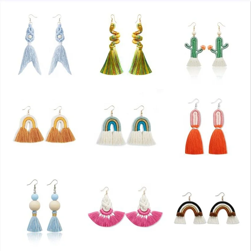 

New Lady Nickel-free Plating Anti-allergic Ear Hook Hand Woven Boho Macrame Rainbow Earrings Tassel Earring Jewelry