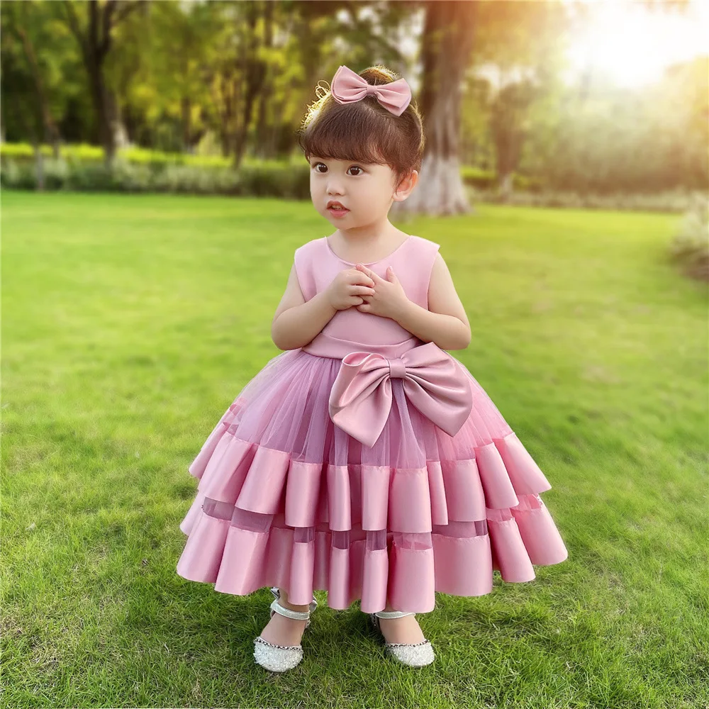 

MQATZ New Children's Bowknot Dresses Baby Stretch Net Princess Lovely Girl Birthday Party Dress