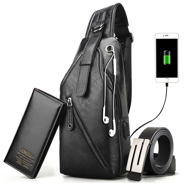 

2021 fashion pu leather chest shoulder backpack cross body bag wallet belt 3 pcs set usb charging sling bag for men, 2 colors