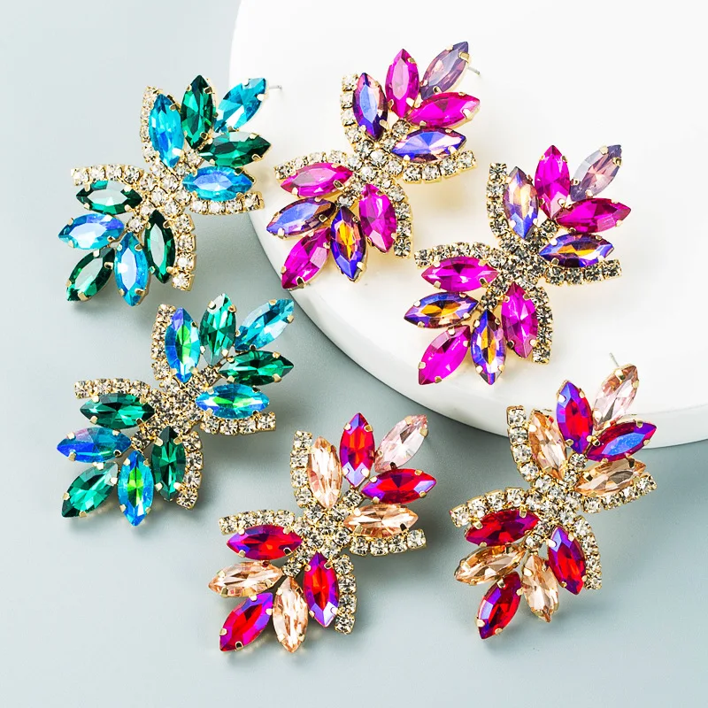 

Ins Style Fashion Retro Multi-layer Alloy Diamond Inlaid Color Rhinestone Flower Earring Female Super Fairy Super Flash Earrings