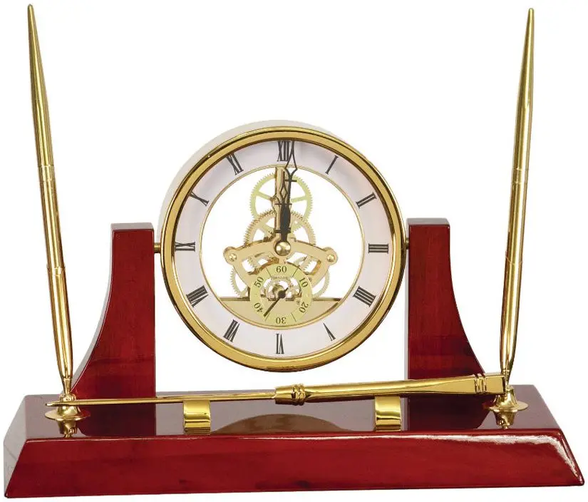 Executive Gold Clock Desk Set with 2 gold pens and  a gold letter opener